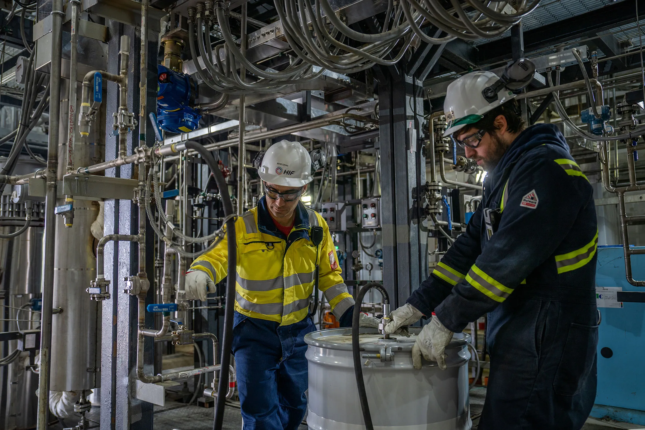 Workers at the Haru Oni plant in Punta Arenas, Chile.