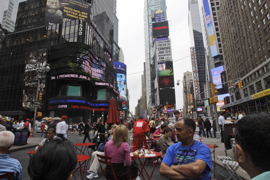 The Times Square pedestrian plaza, shown here in June 2010, has become a popular place and inspired similar street designs across the U.S.