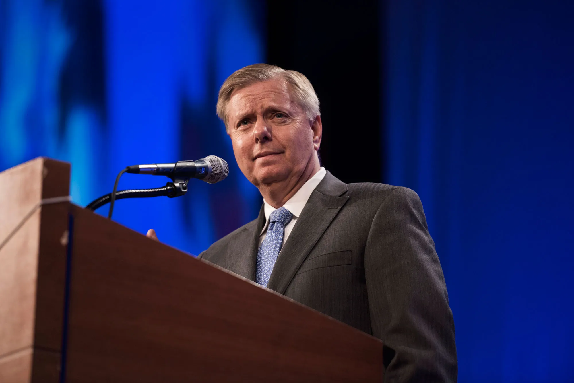 Senator Lindsey Graham, a Republican from South Carolina, speaks during the Republican Party of Iowa's Lincoln Dinner in Des Moines, Iowa, U.S., on Saturday, May 16, 2015.
