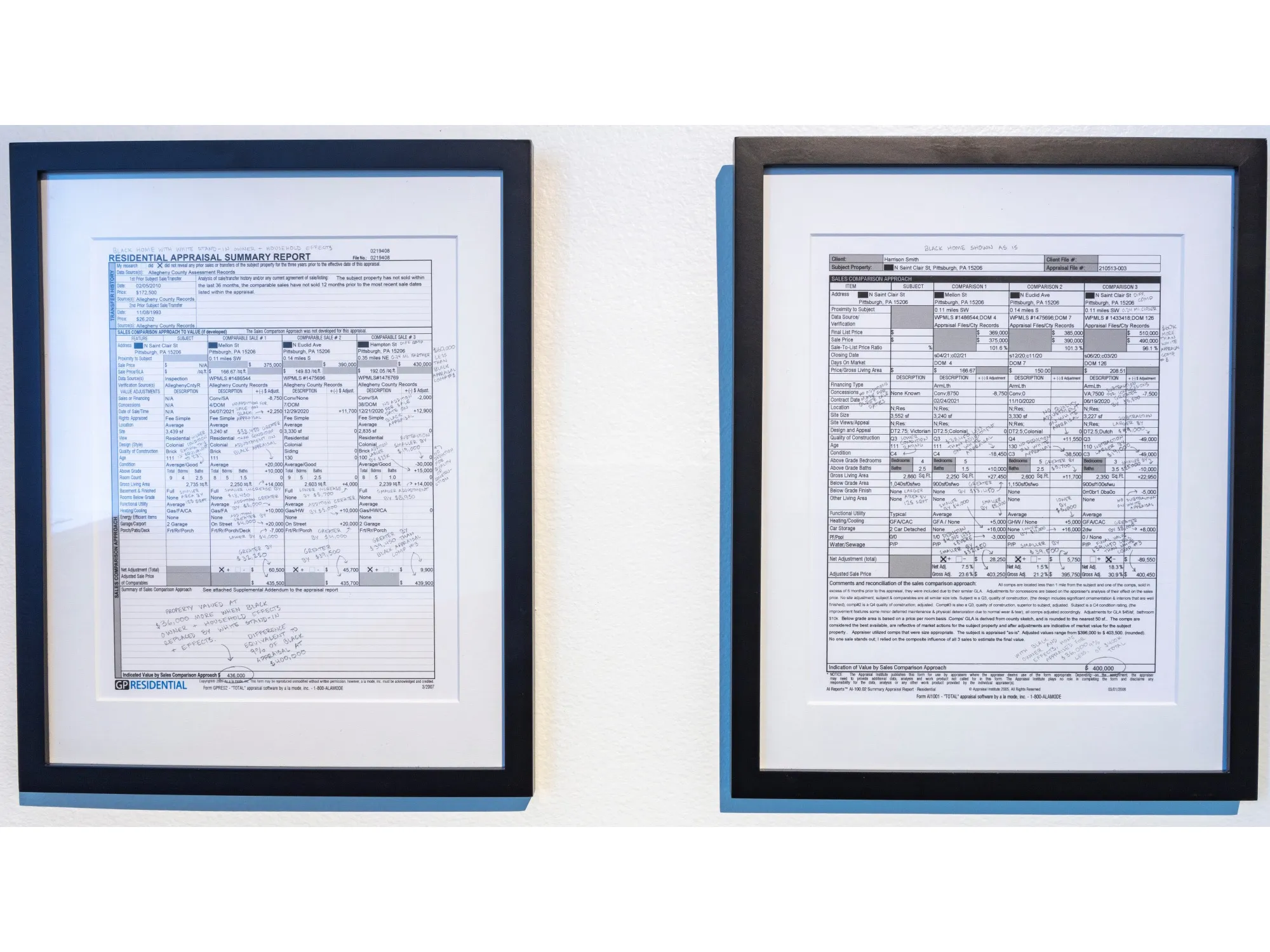 Harrison K. Smith’s&nbsp;“Homeowner Appraisal (Value Comparison Approach)” displays official documents showing the difference in how a home&nbsp;was appraised, with and without markers signaling that Black people lived there.