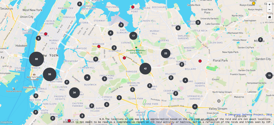 A map of ICE raid clusters in the New York City area, as documented by the Immigrant Defense Project. 
