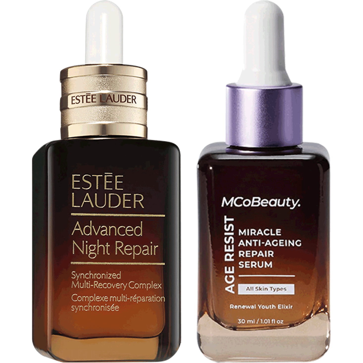 Bottle of Estée Lauder’s Advanced Night Repair next to a bottle of MCo’s Miracle Anti-Aging Repair Serum
