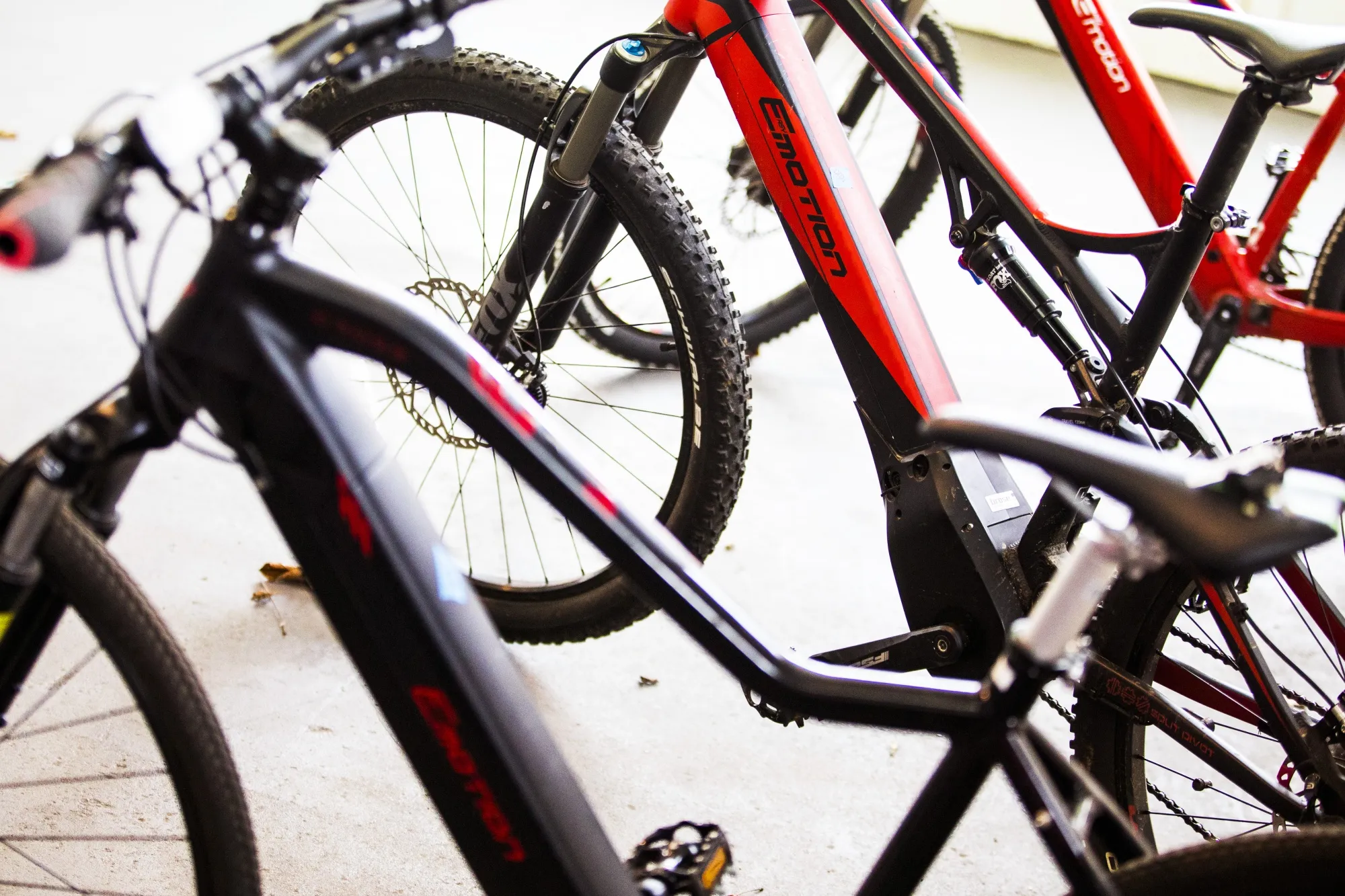 Electric bicycles are displayed for sale and rent at a bike shop.