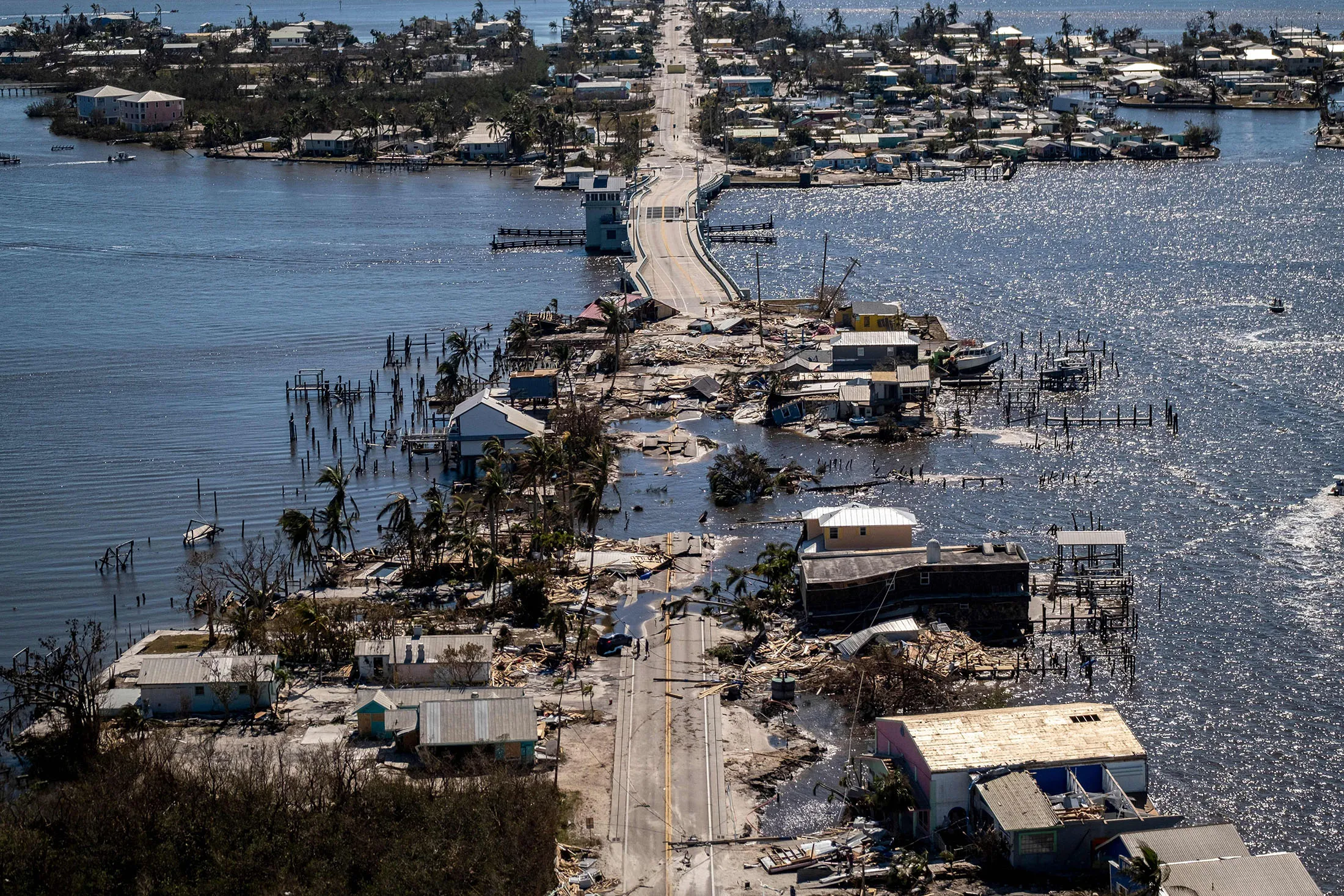 The only access to the Matlacha neighborhood destroyed in the aftermath of Hurricane Ian, near Fort Myers, Florida, on Sept. 30.