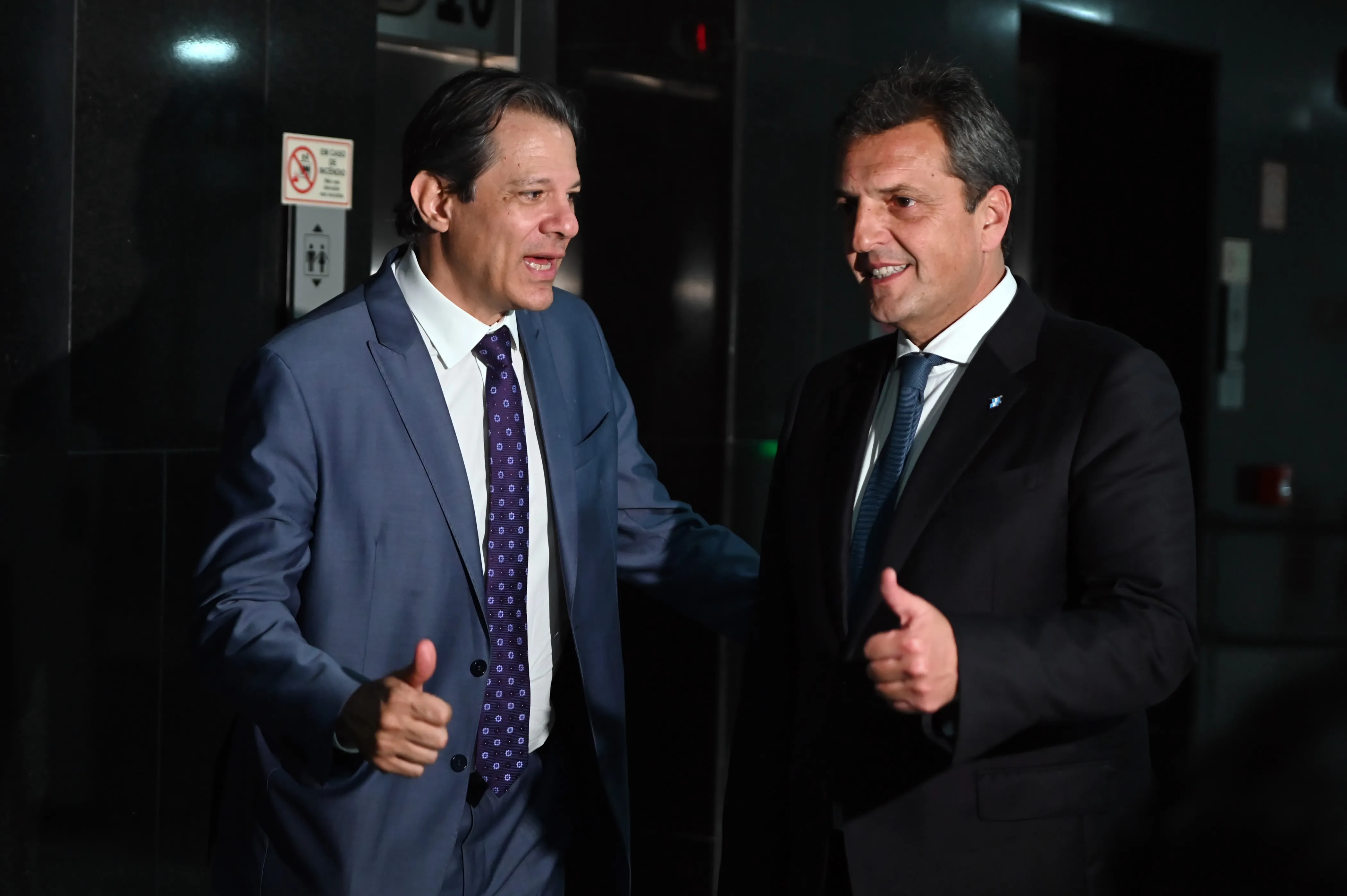 Fernando Haddad, Brazil’s finance minister, left, greets Sergio Massa, Argentina’s economy minister and presidential candidate of Unity for the Homeland party, at Planalto Palace in Brasilia, Brazil, on Monday, Aug. 28, 2023.