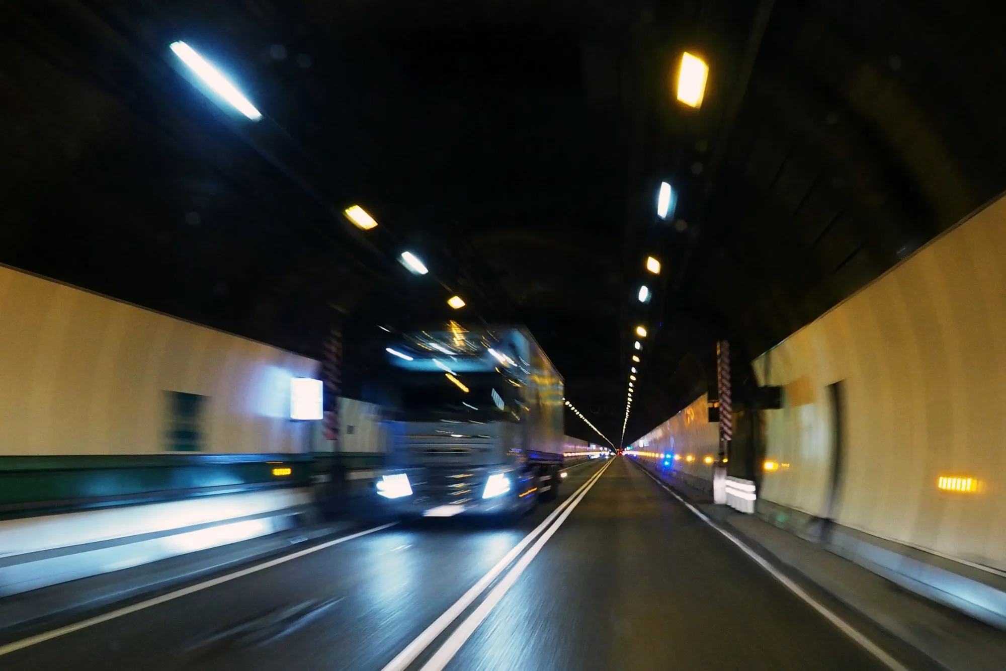 A truck travels through the trans-Alpine Mont Blanc Tunnel between France and Italy.