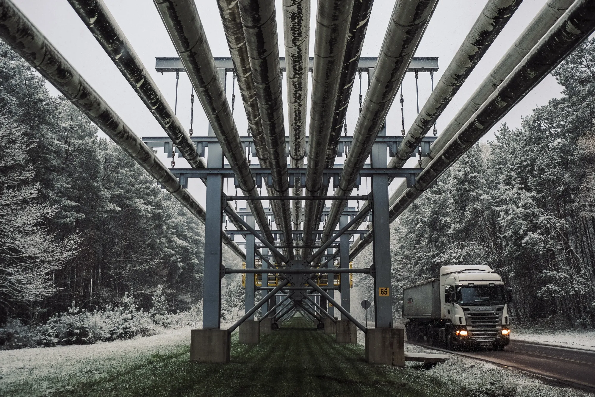 Heating network pipes near a power plant outside Belchatow, Poland.