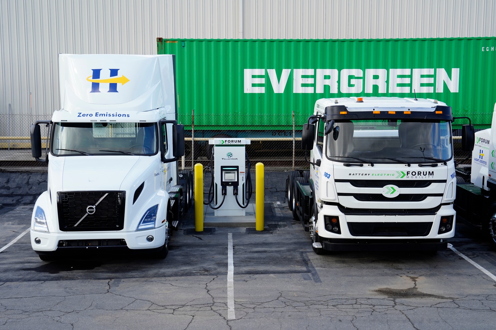 Volvo and BYD&nbsp;electric trucks&nbsp;at Hight Logistics in Long Beach, California.