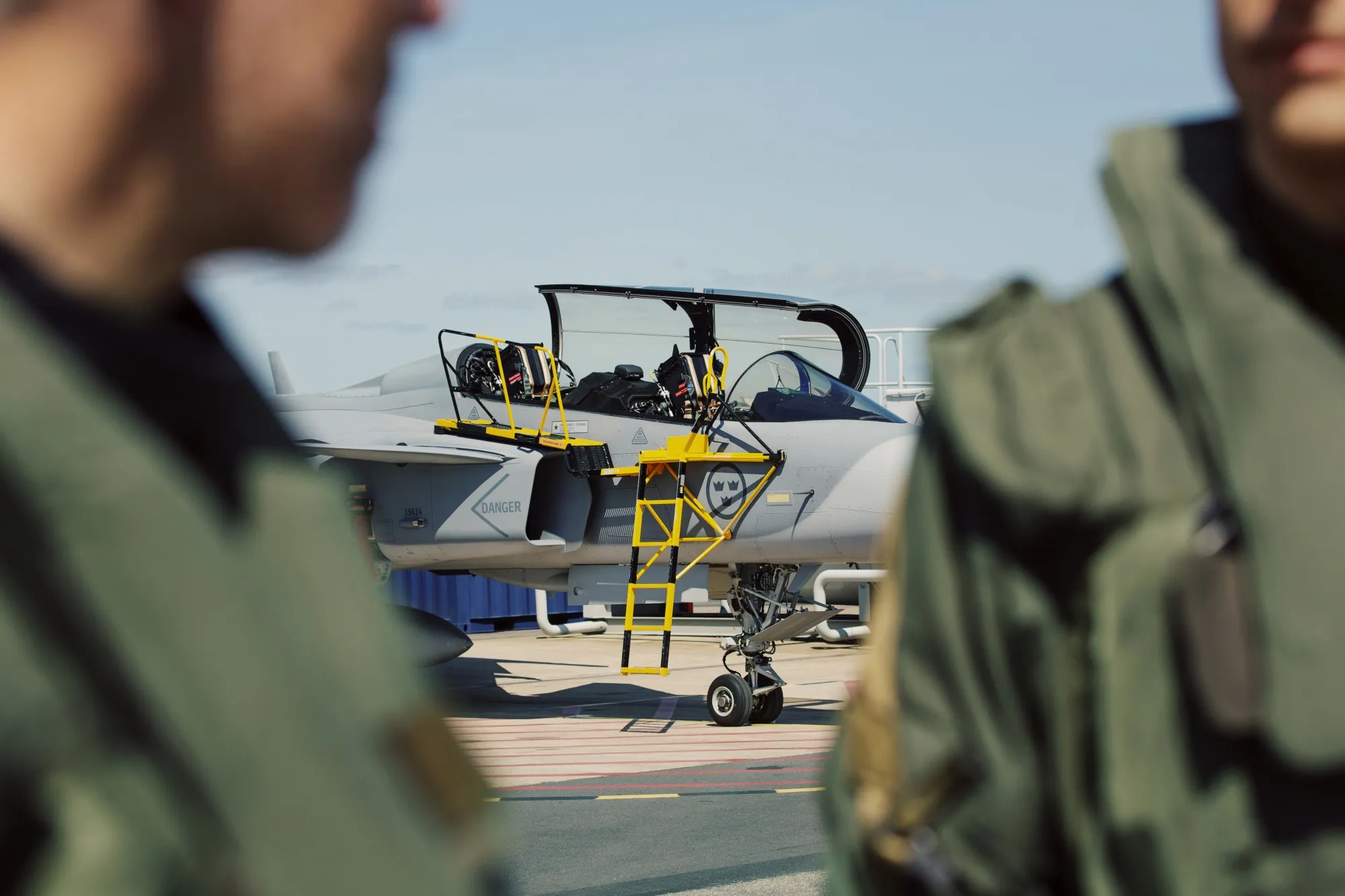 A Gripen D fighter jet on the tarmac at Saab’s facility in Linkoping, Sweden.