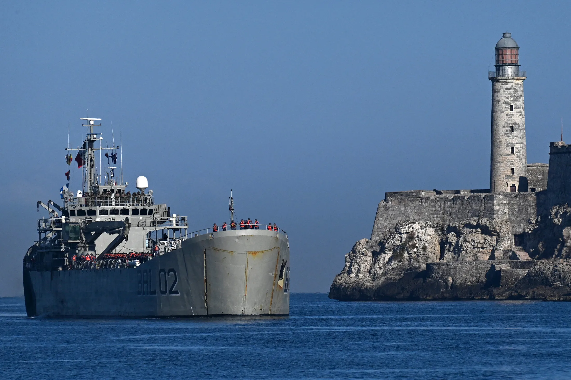 Mexican Navy ship Isla Holbox arrives with humanitarian aid at Havana Bay&nbsp;in Havana, Cuba, on Feb. 12.