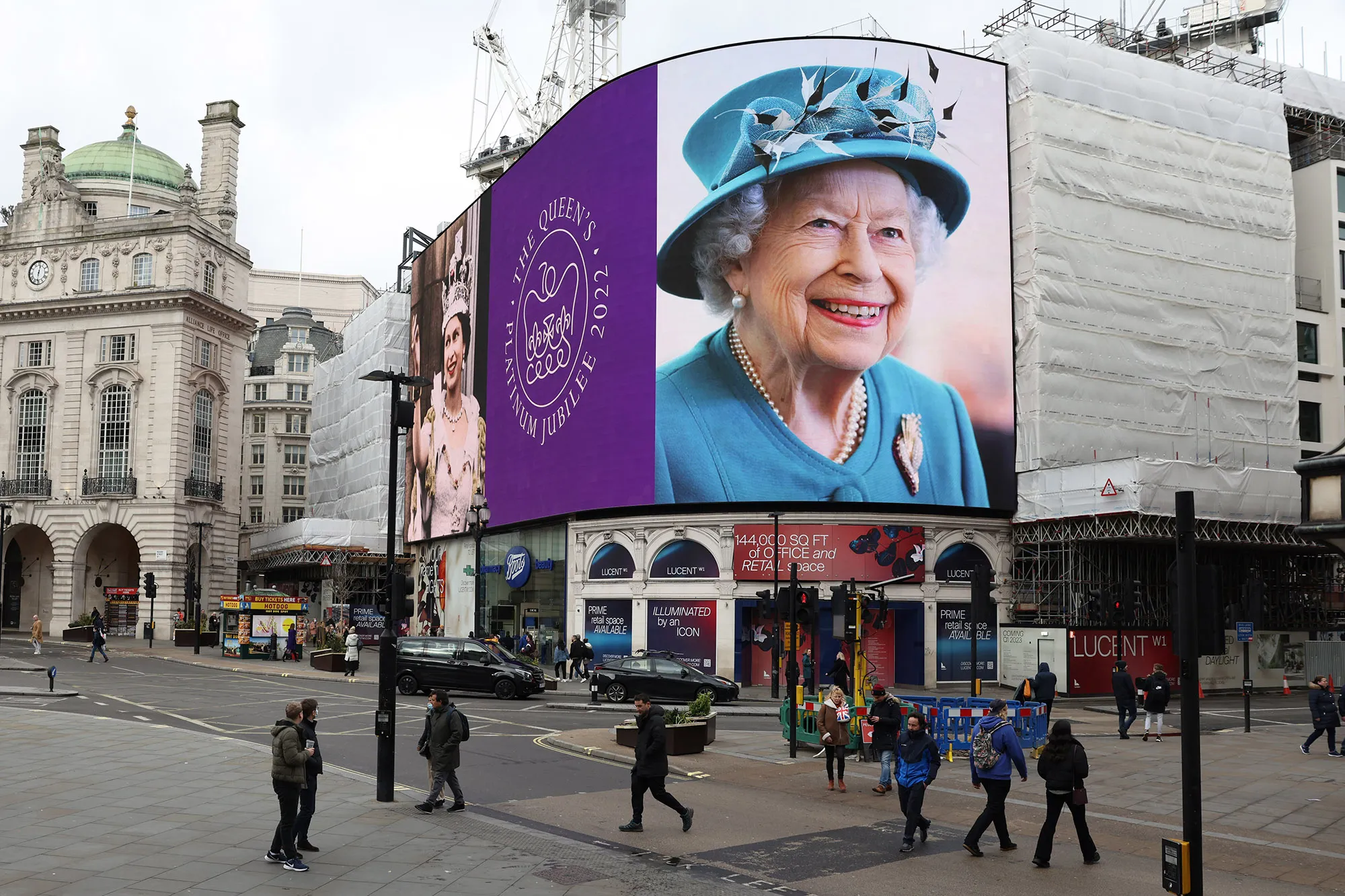 Queen Elizabeth II&nbsp;displayed on the large screen at Piccadilly Circus to mark the start of the Platinum Jubilee, in London, on Feb. 6.&nbsp;