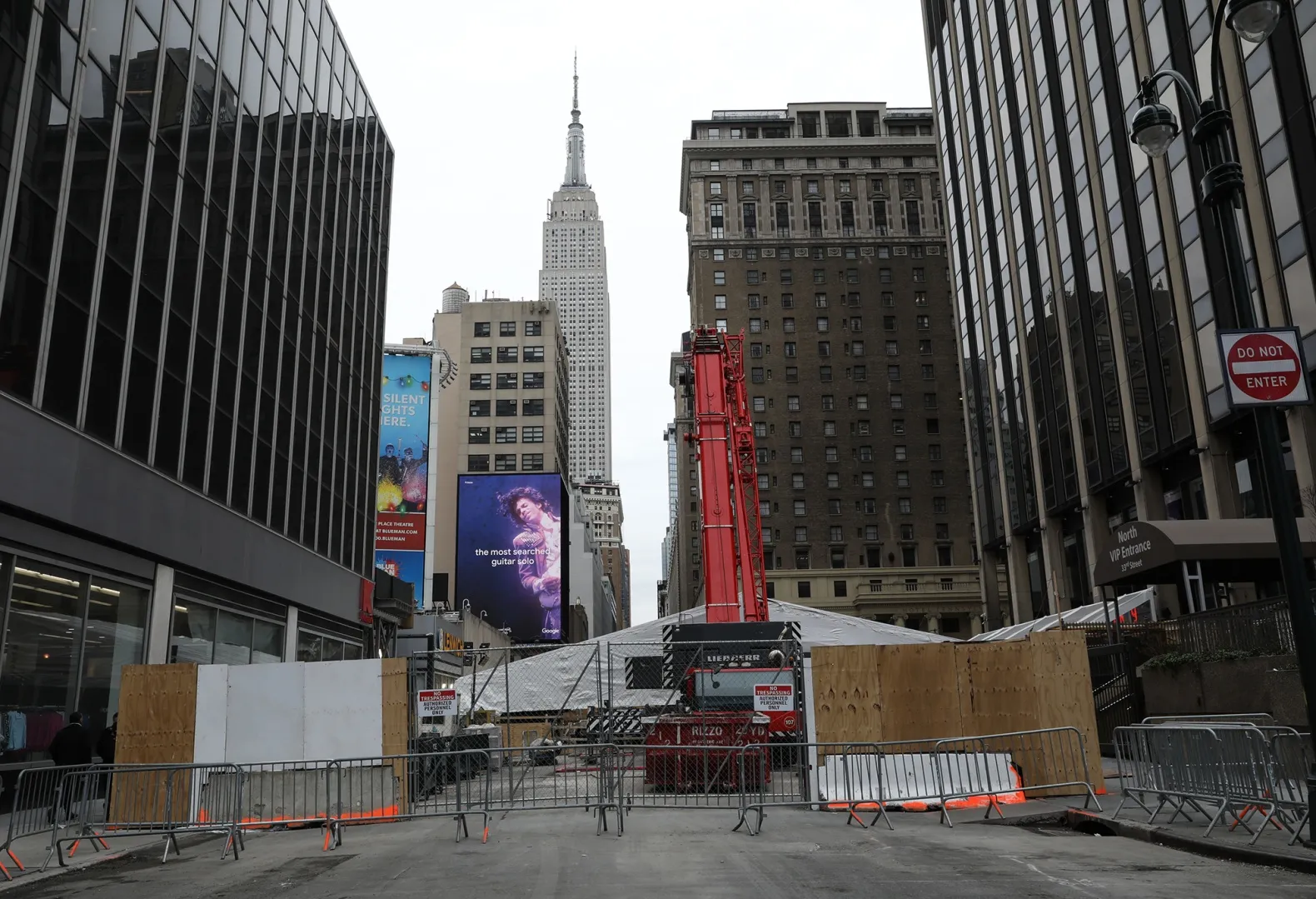 Construction material and street barricades sit near Pennsylvania Station in New York on Feb. 5.