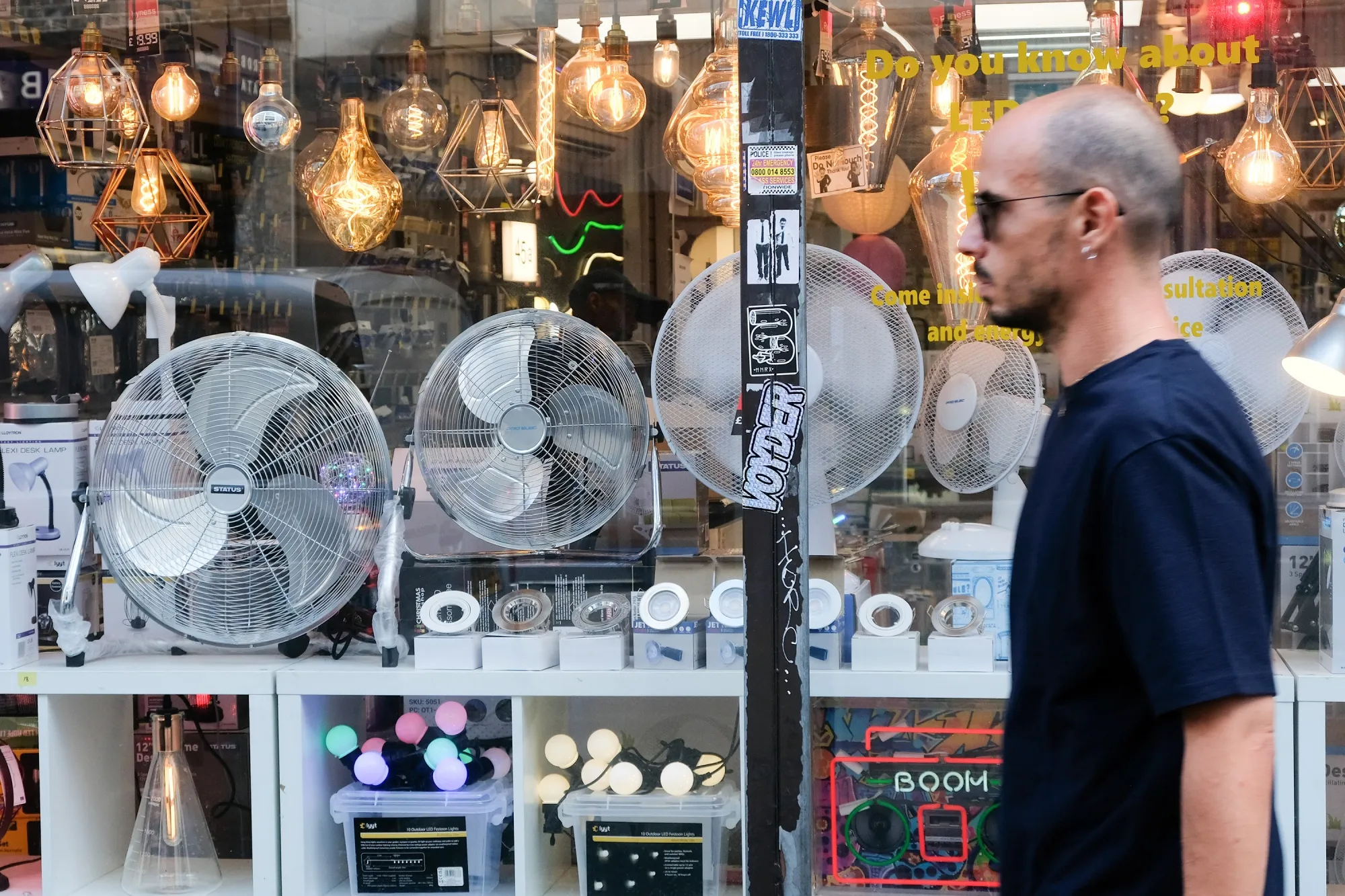 Fans on sale at a store in London, UK. The Met Office issued its  most severe warning for next week with temperatures set to rise above 35 degrees Celsius.
