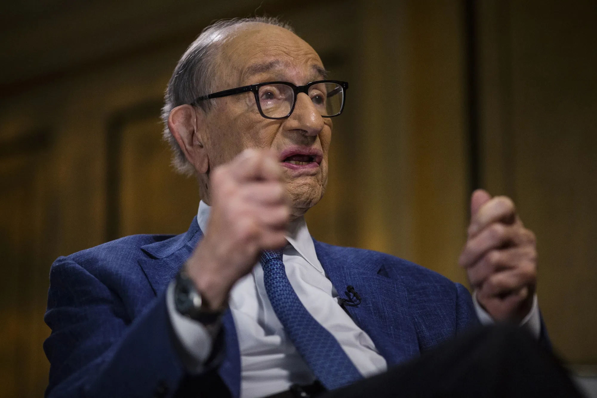 Alan Greenspan, former chairman of the Federal Reserve System, speaks during a Bloomberg Television interview in Washington, D.C., U.S., on Wednesday, July 24, 2019. Greenspan endorsed the idea that the U.S. central bank should be open to an insurance interest-rate cut, to counter risks to the economic outlook, even if the probability of the worst happening was relatively low.