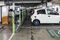 Electric automobiles charge at an underground parking lot in Beijing.