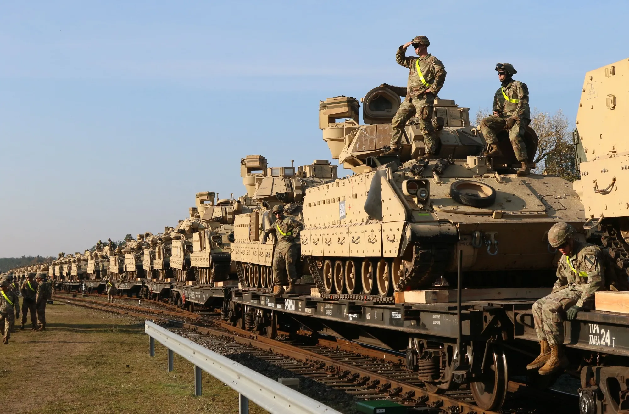 Military personnel&nbsp;unload heavy combat equipment&nbsp;at the railway station near the Pabrade military base in Lithuania.