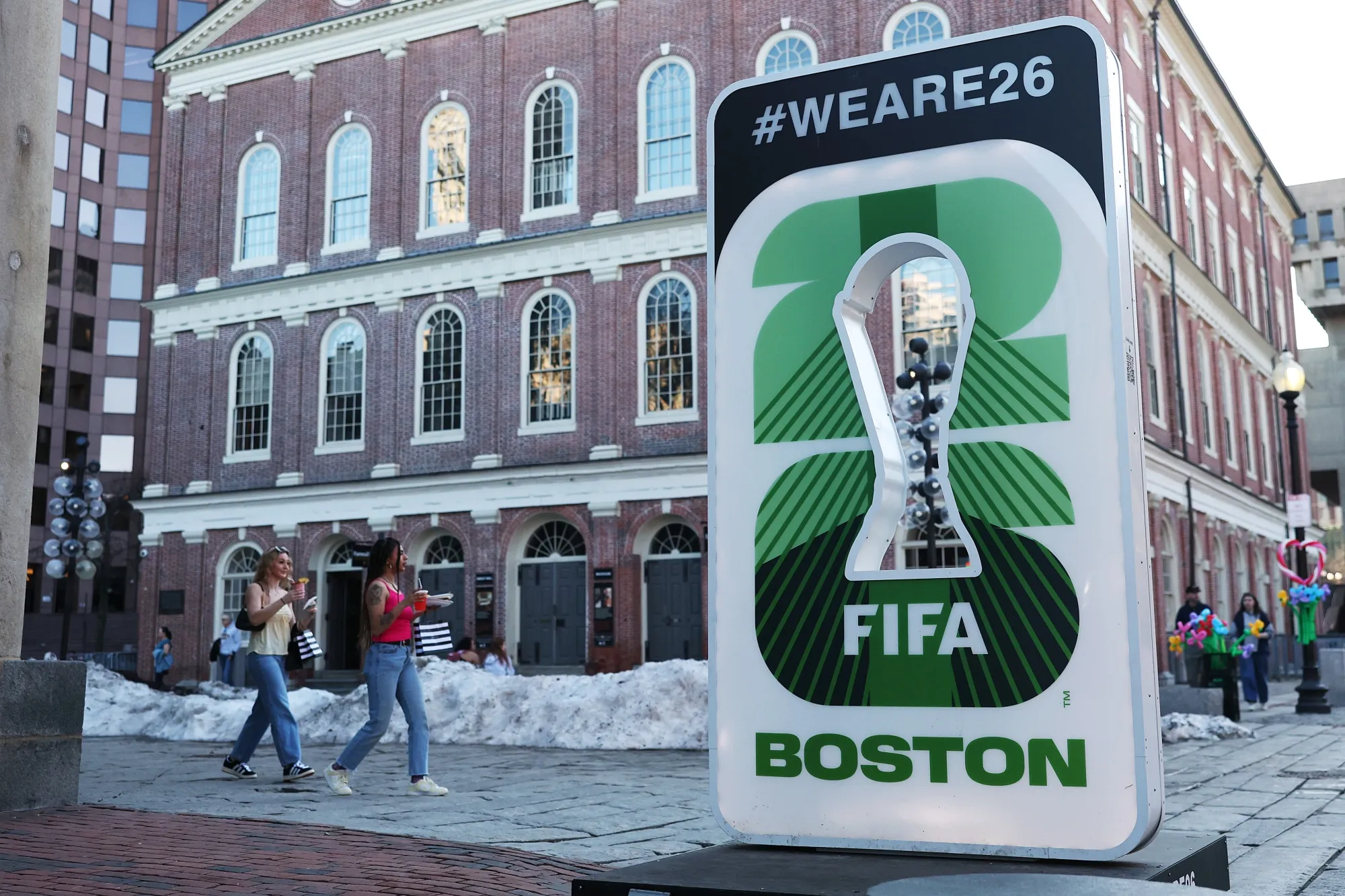 A sign advertising the FIFA World Cup 2026 outside Faneuil Hall Marketplace in Boston on March 10.