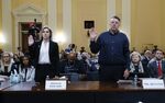 Caroline Edwards, a US Capitol Police officer injured in the Jan. 6 attack, left, and filmmaker Nick Quested, are sworn during the first public hearing of the Select Committee to Investigate the January 6th Attack on the US Capitol, in Washington on June 9.