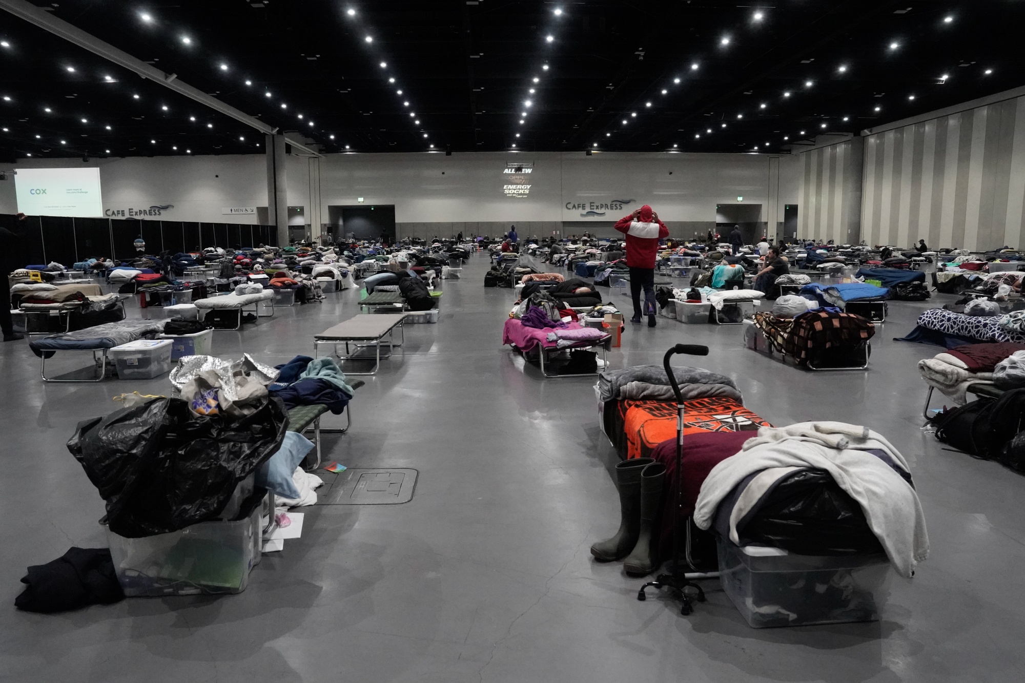 Socially distanced sleeping cots set up at the temporary shelter set up inside the San Diego Convention Center in April 2020. The former White House lead on homelessness visited the convention center as part of a nationwide tour of U.S. shelters during the pandemic, in what some shelter staff say were unwanted visits given the Covid risk.&nbsp;