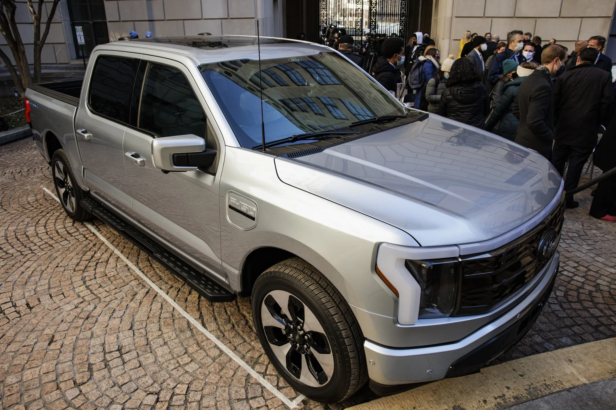 A Ford F-150 Lightning electric pickup truck at EPA headquarters in Washington, D.C.