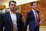 Donald Trump's sons Donald Trump Jr., left, and Eric Trump, walk in Trump Tower on Nov.14, 2016 in New York City.

