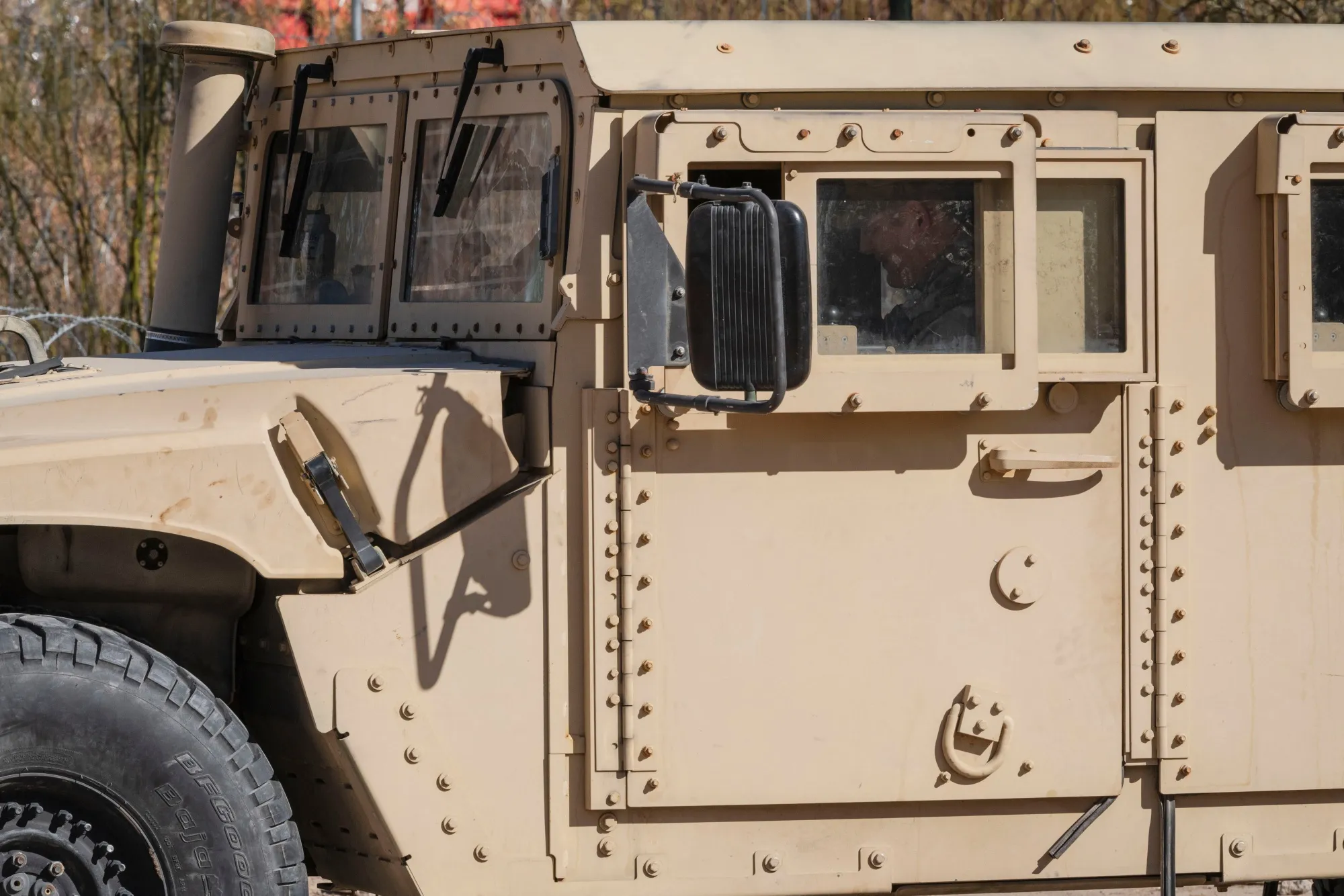 A Texas National Guard humvee at the US-Mexico border in El Paso, Texas