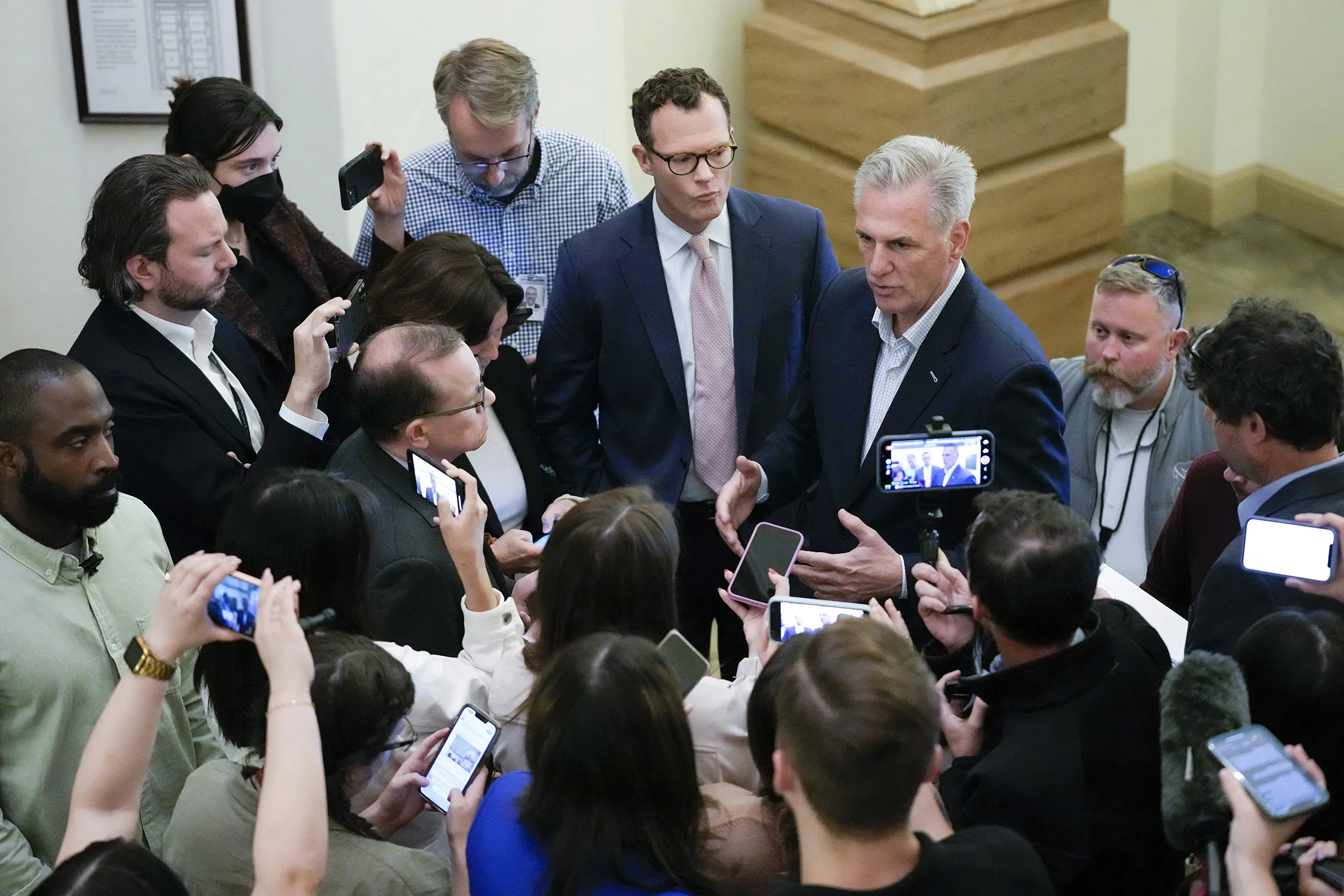 Kevin McCarthy speaks with members of the media about debt limit negotiations at the Capitol on May 27.