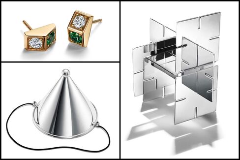 From top left, clockwise: Diamond tsavorite earrings in 19-karat gold, price upon request; desk puzzle in sterling silver, $500; party hat in sterling silver, $1,000.