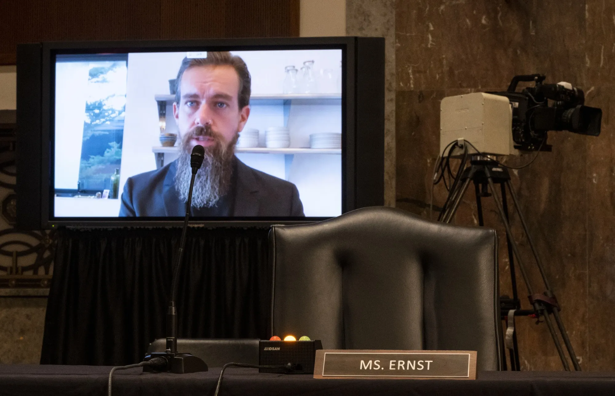 Jack Dorsey&nbsp;speaks remotely during a Senate Judiciary Committee hearing in 2020.