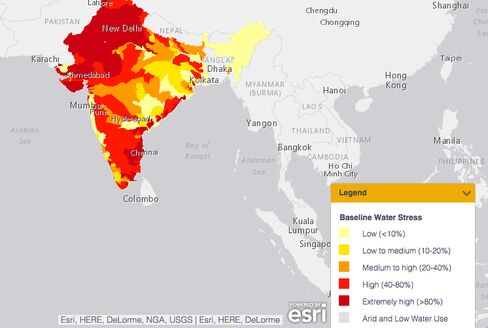 This map shows the severity of water stress throughout India.