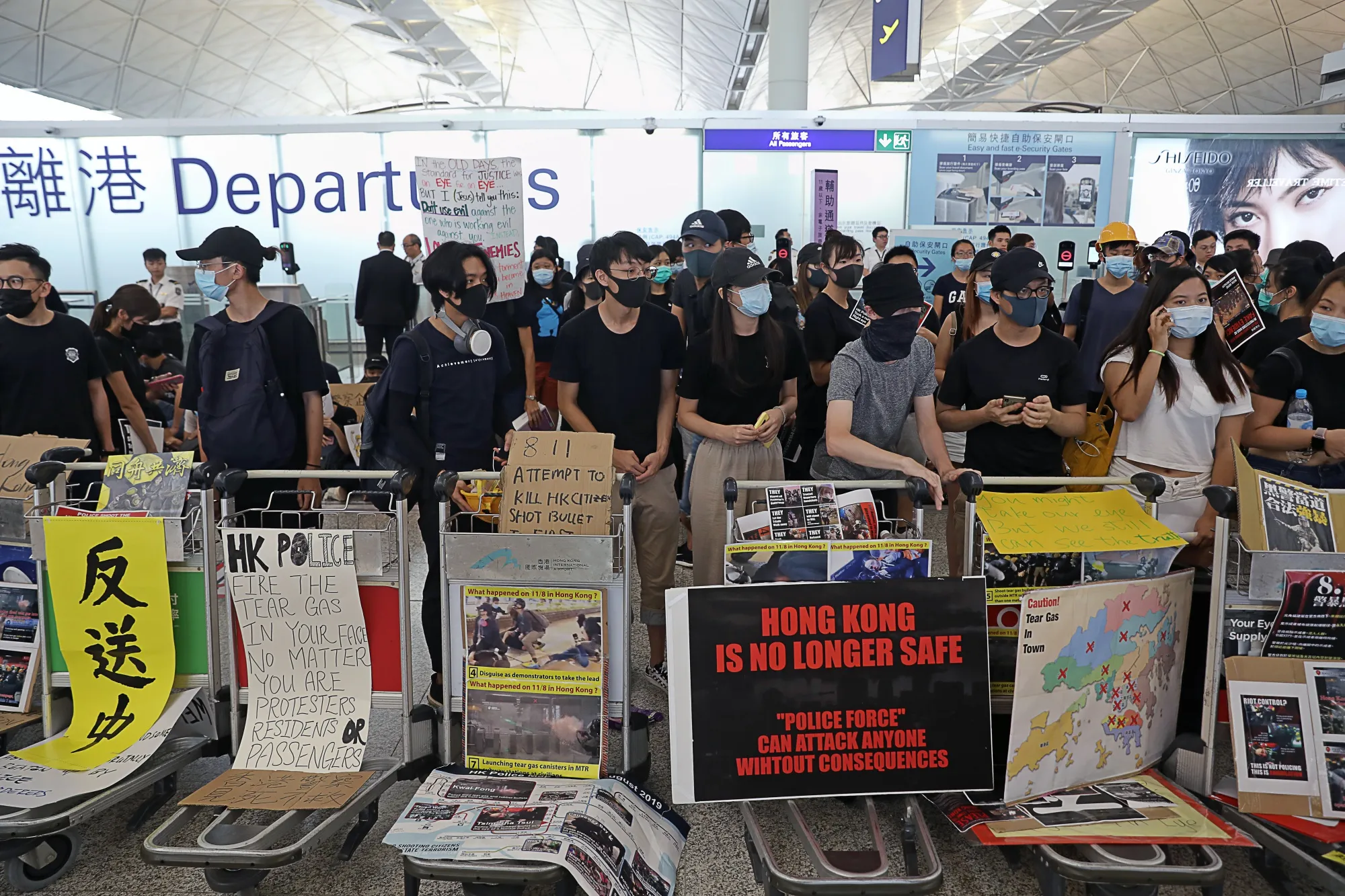 Demonstrators inside Hong Kong International Airport on Aug. 13.