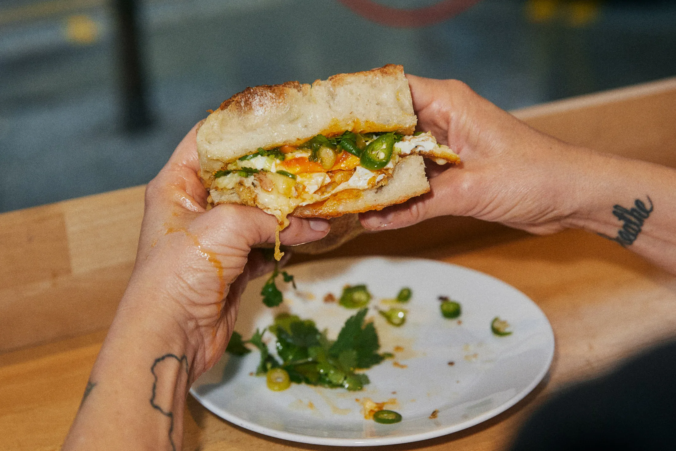 With a sandwich this good—egg, chili cheese focaccia from Dusty Knuckle in London—it’s OK to get messy.