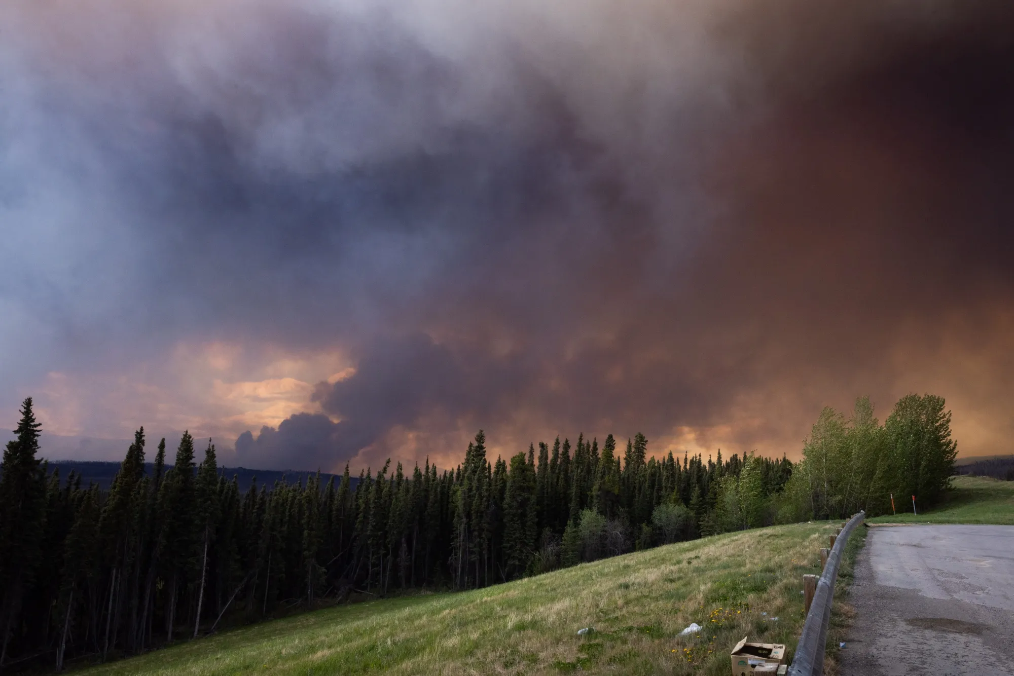 Wildfire smoke above Highway 97, north of the Buckinghorse River near Trutch, British Columbia, Canada, on&nbsp;May 30.