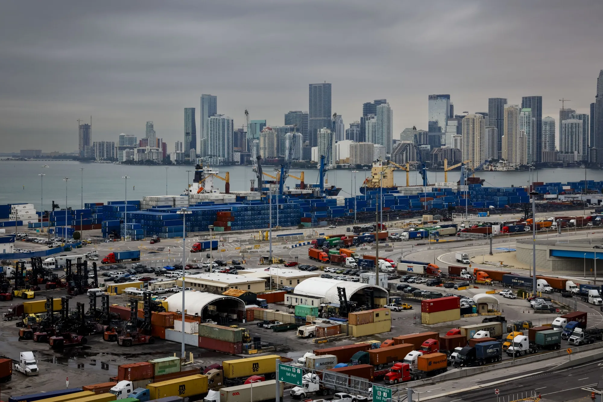 Trucks wait in line at PortMiami in Miami, Florida, US.