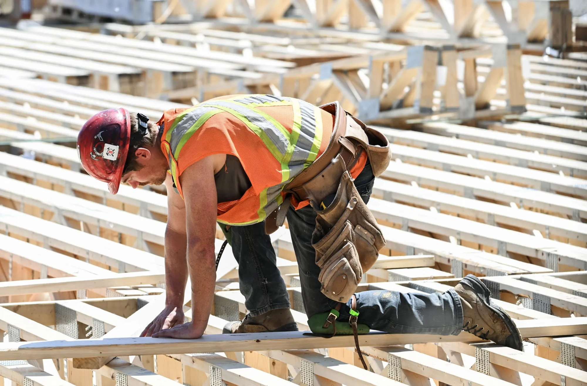 A worker at the site of a residential building under construction in Montreal.&nbsp;