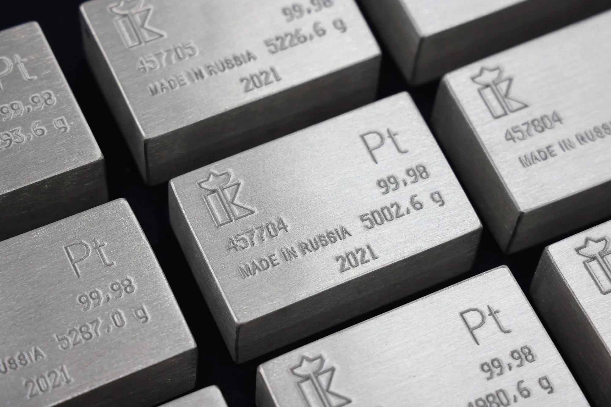 A "Made in Russia" engraving on platinum ingots in Krasnoyarsk, Russia.