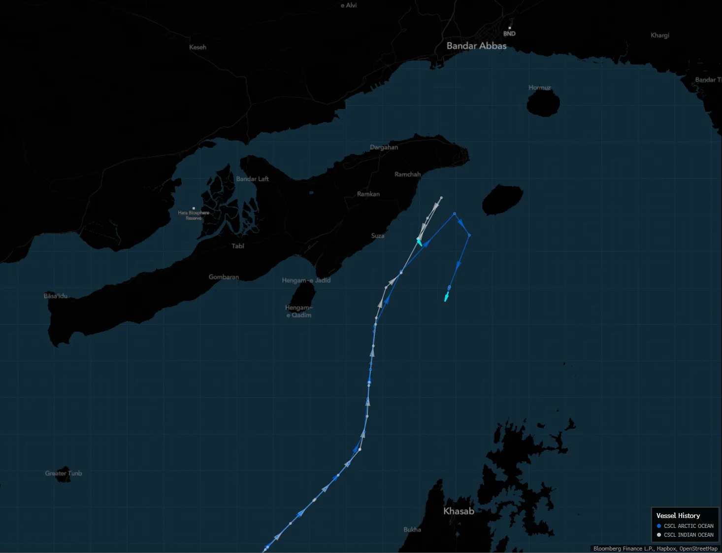 The CSCL Indian Ocean (in white) and CSCL Arctic Ocean attempted to exit the Persian Gulf through the Strait of Hormuz on Friday before making a U-turn near Iran.