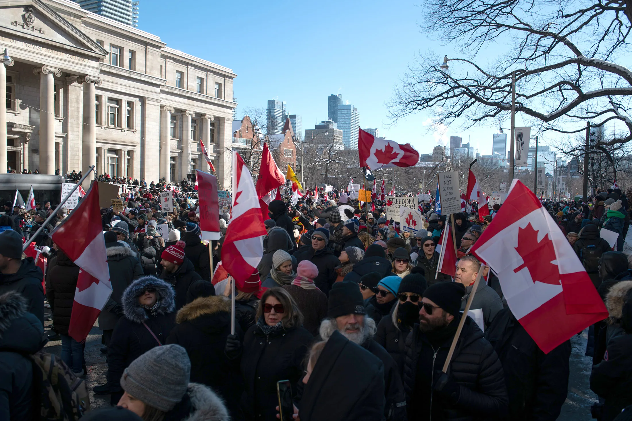 Protestors gather at Queens Park and Bloor Street West during a demonstration in Toronto, Ontario, Canada, on Feb.&nbsp;5.