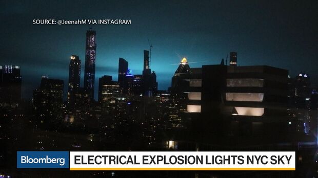 Night sky over New York turns blue after electrical fault at Queens Con  Edison power plant causes 'arc flash