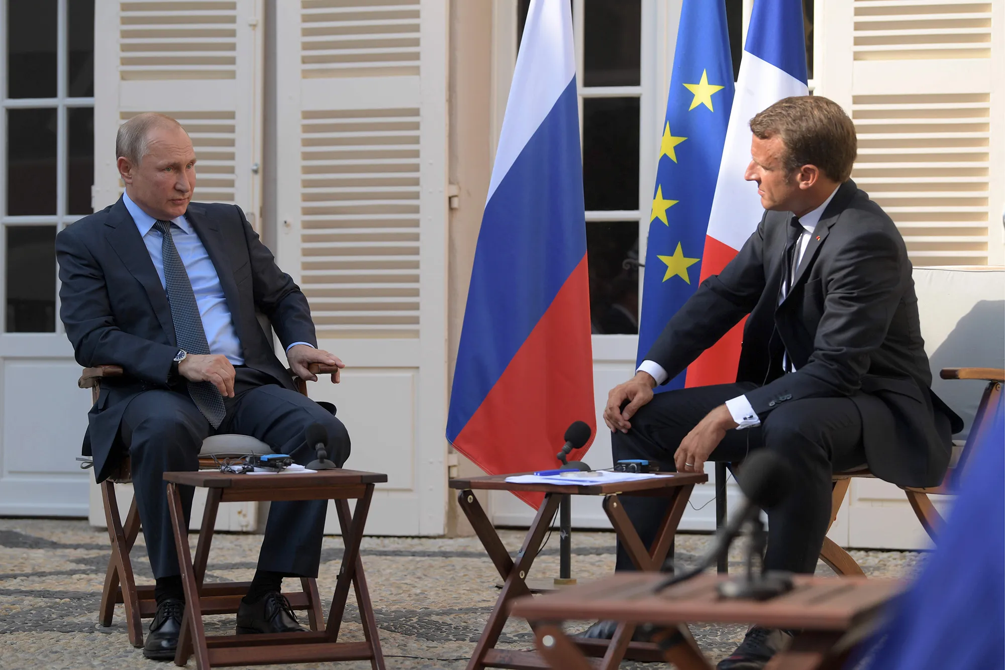 Vladimir Putin and Emmanuel Macron during a meeting at the Fort de Bregancon, a summer residence of the president of France, on the French Riviera on Aug. 19.