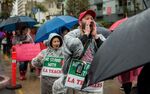 Demonstrators march during a teachers strike in Los Angeles.