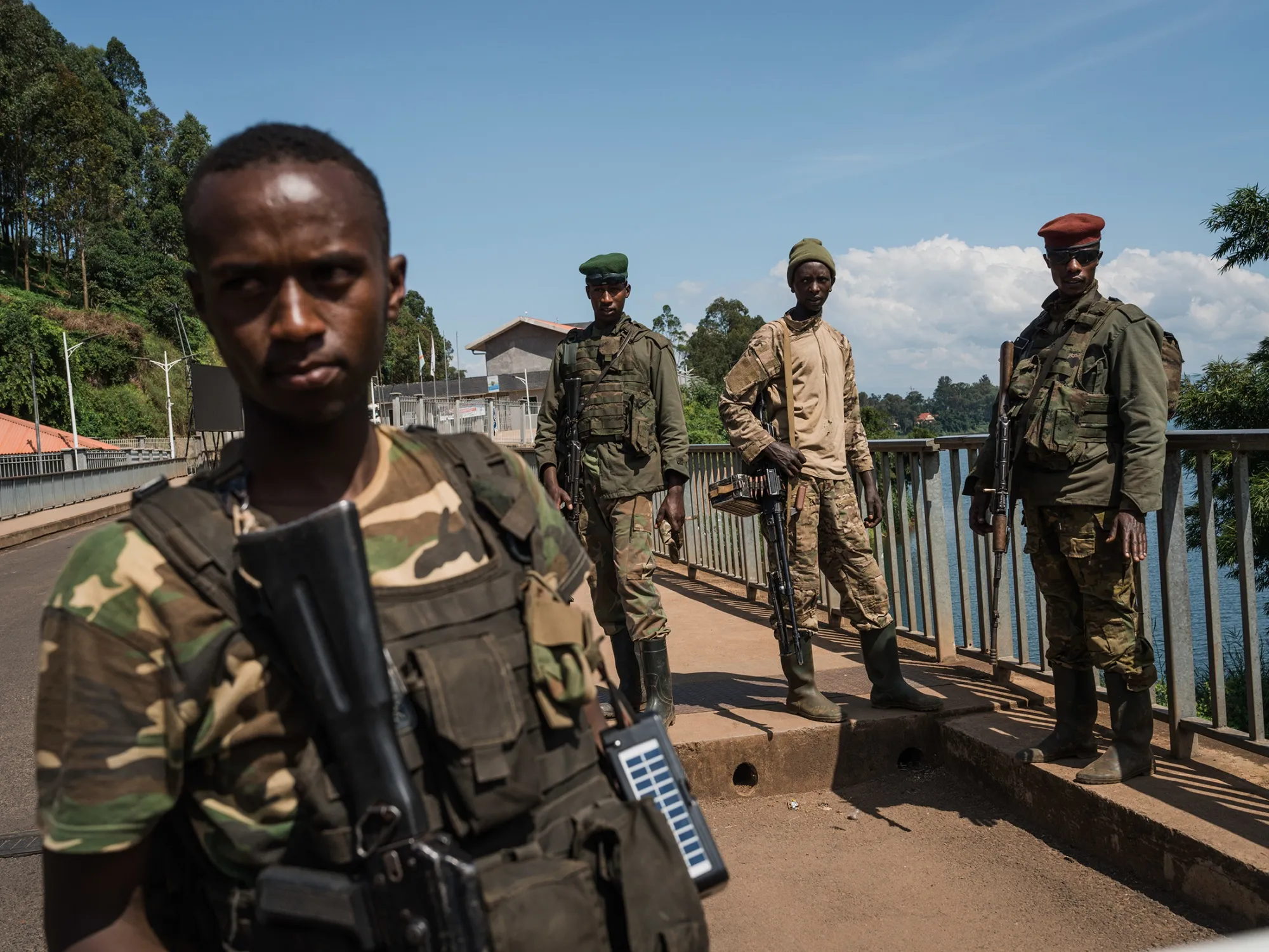 M23 rebel troops at the Rusizi border post, joining the Congolese city of Bukavu with Cyangugu in Rwanda,&nbsp;on Feb. 16.