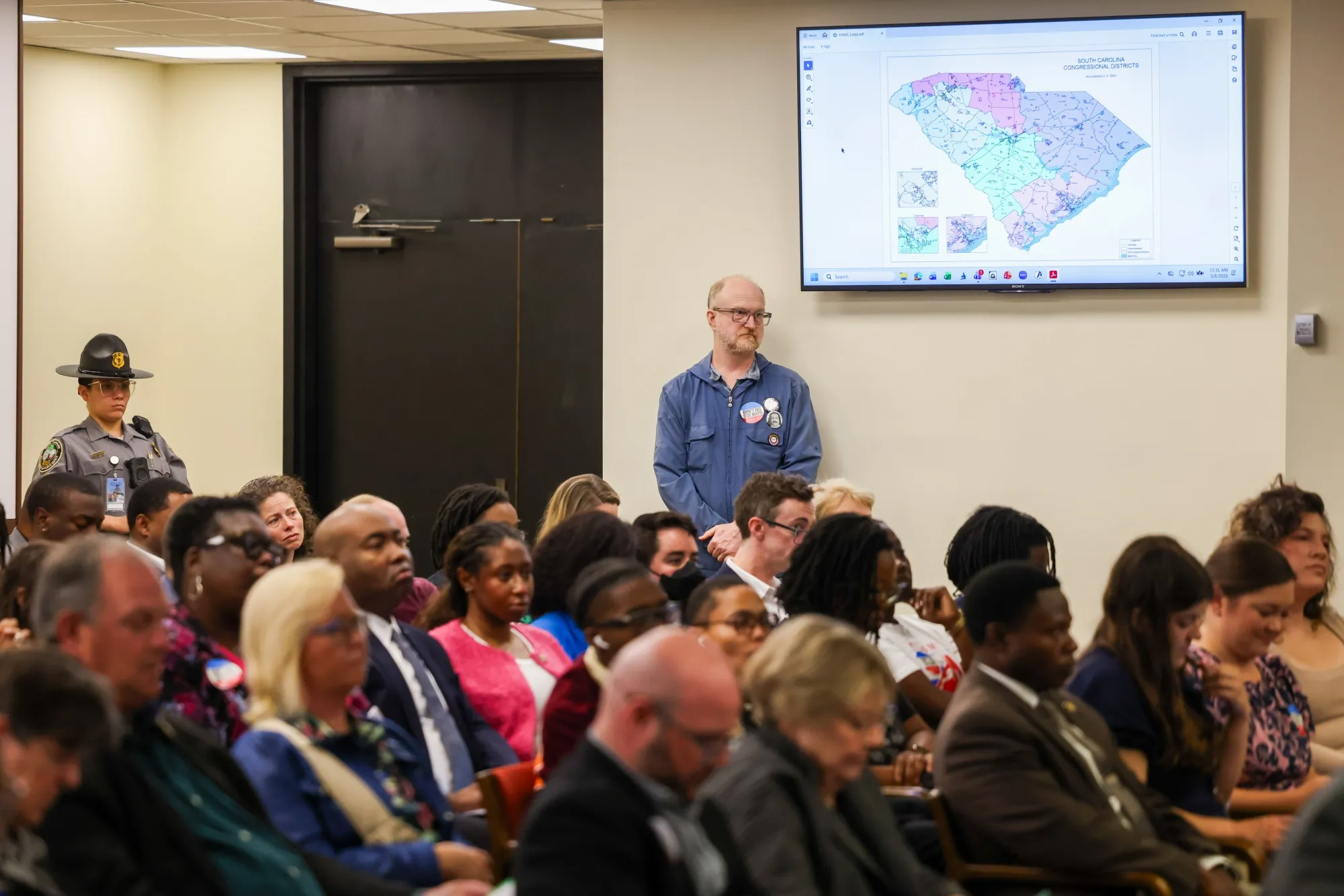 The proposed Congressional map for South Carolina displayed during a meeting in the Blatt Building at the South Carolina State Capitol in Columbia on May 8.