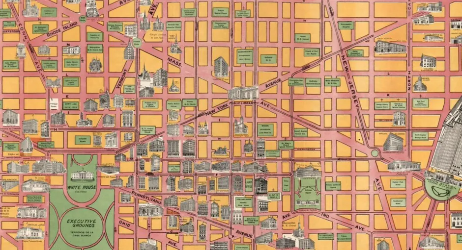 A pictorial map of central Washington, D.C., circa 1919.