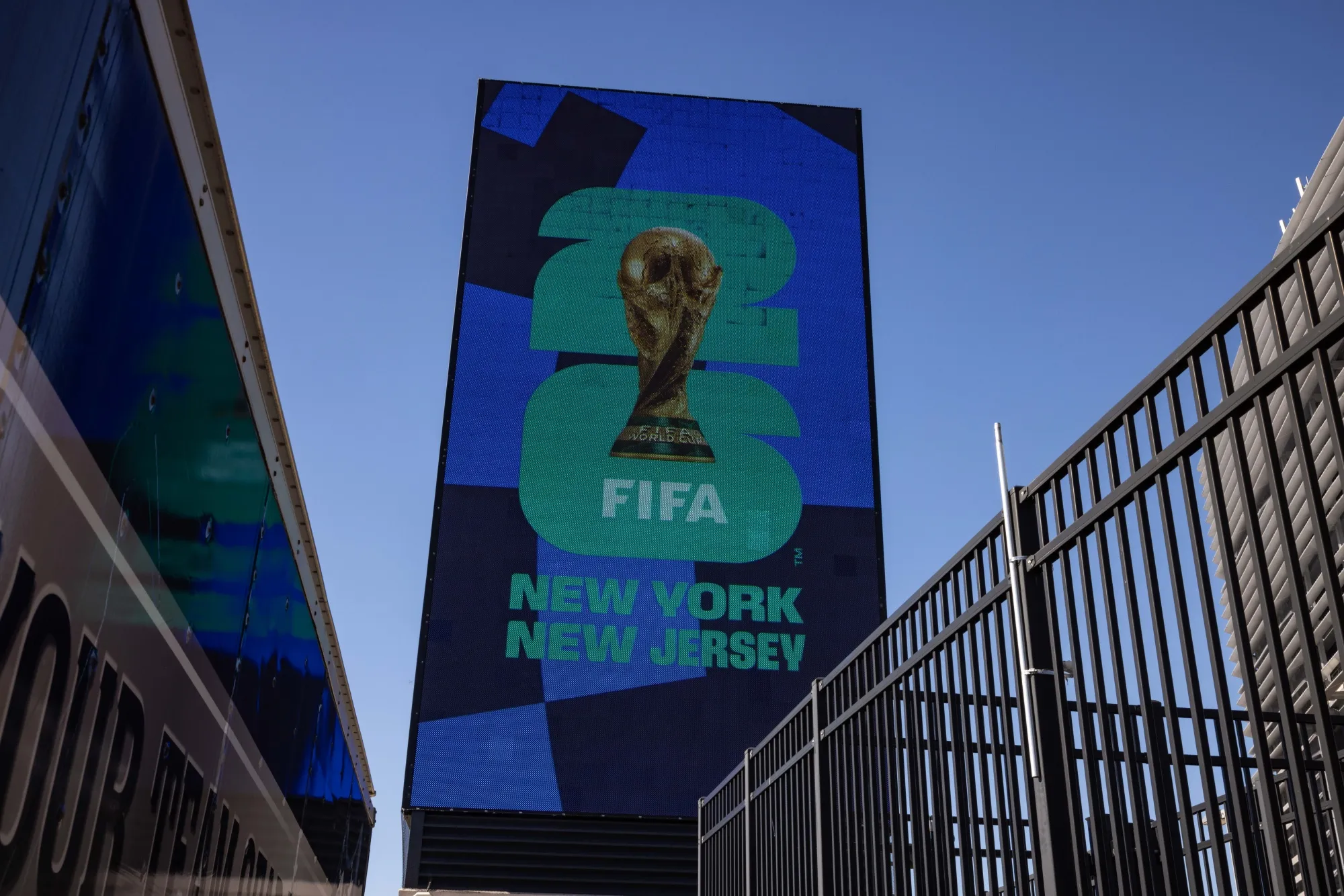 FIFA signage at MetLife Stadium in East Rutherford, New Jersey, where the 2026 World Cup final will be played.