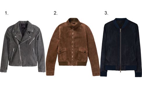 (1) Suede biker jacket, H&M, $249, hm.com; (2) Suede bomber jacket, Gucci, mrporter.com; (3) Zipped teddy jacket, ami, $980, amiparis.fr