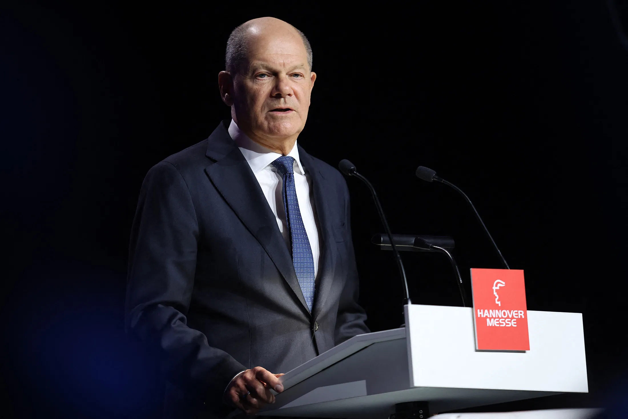 Olaf Scholz speaks at the opening of the Hanover Messe industrial trade fair in Hanover, Germany, on March 30.