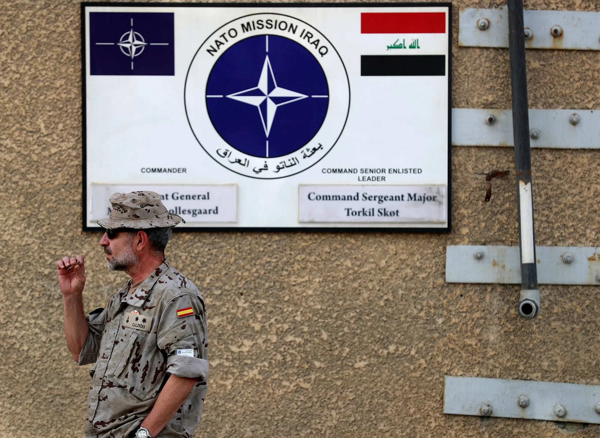 A military officer stands outside the NATO headquarters at the Joint Operations Centre in&nbsp;Baghdad in&nbsp;2021.&nbsp;