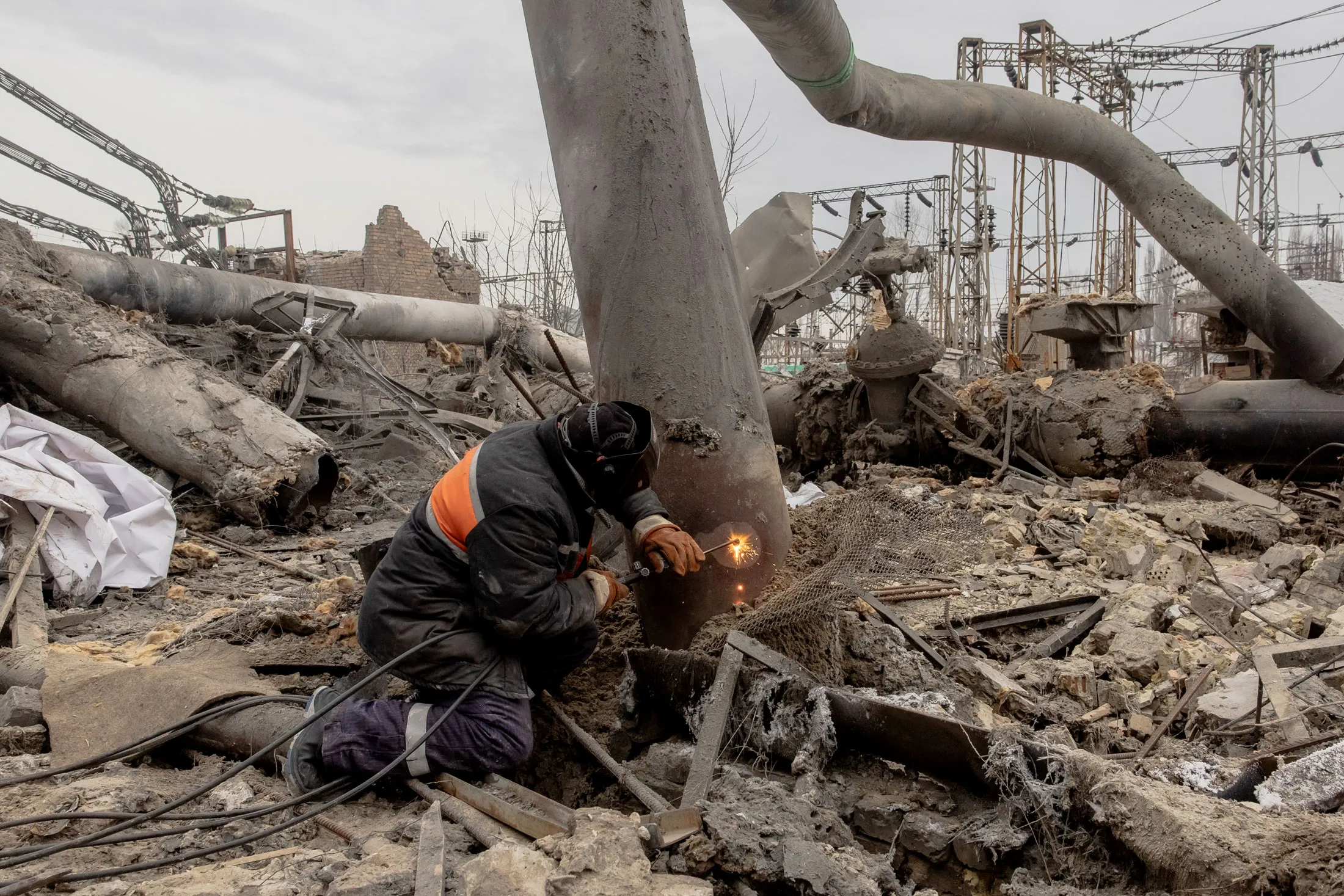 Repair works following a Russian attack on a heat and power plant, in Kyiv, on Feb. 4.