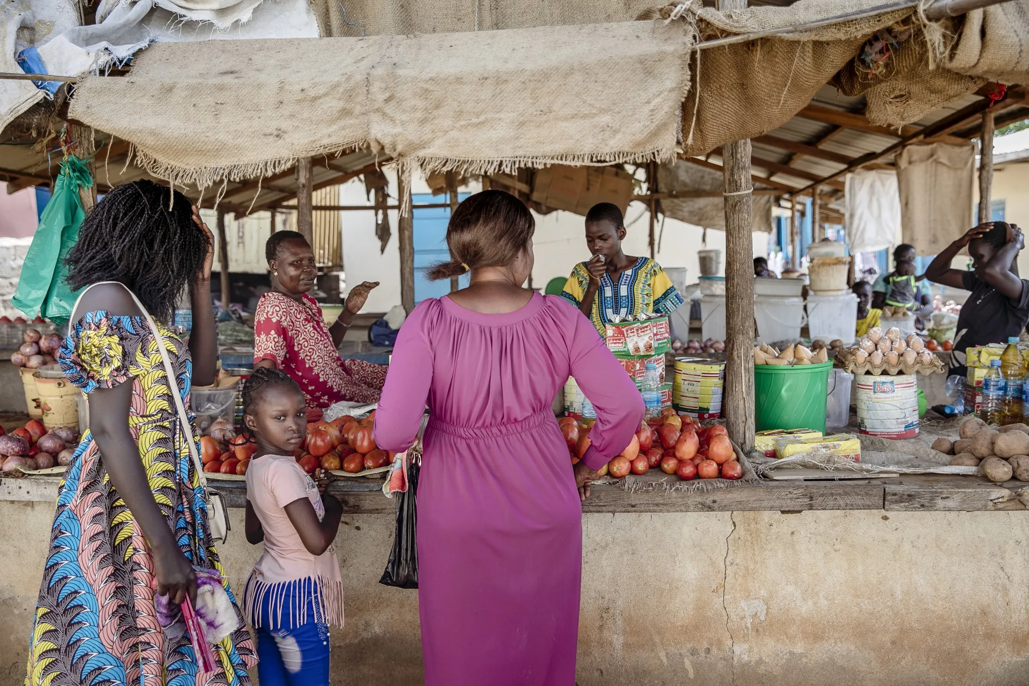 Customers&nbsp;at a fresh produce stall at a market in Juba, South Sudan, earlier in June.&nbsp;